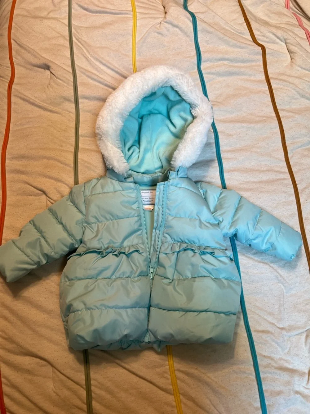 Gymboree Light Blue Puffer Jacket with Faux-Fur Hood, 6-12 mths, Like New!